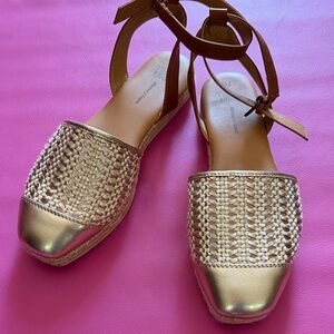 Time and Tru Gold Woven Espadrille Flats with Ankle Tie